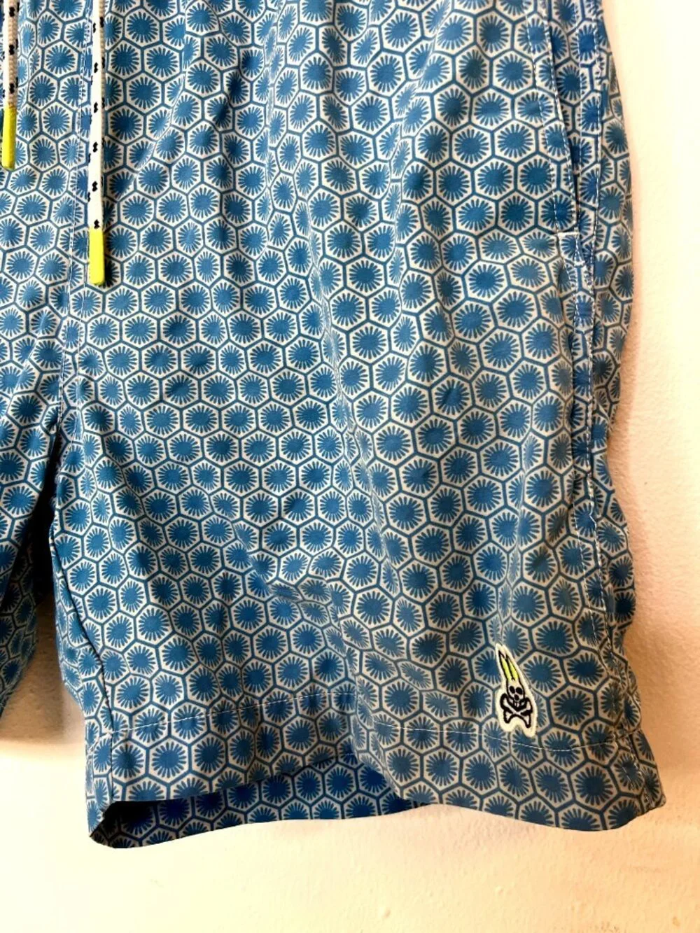 Psycho Bunny Swim Trunks Mens Med Blue All Over Geometric Print Swimming Lined